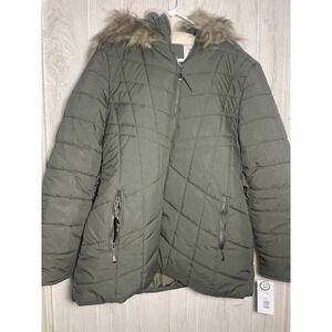 Maralyn & Me Faux-Fur-Trim Hooded Puffer Coat Juniors' Xxl GreenZip Long Sleeves